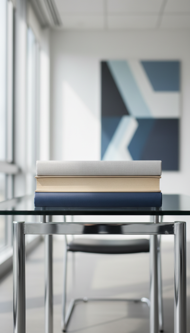 A stacked selection of elegant hardcover books, their linen covers in neutral shades of grey, beige, and navy, arranged neatly on a modern glass desk with polished chrome legs. The scene is set in a structured office space, with clean lines and a subtle, abstract artwork visible in the softly blurred background. Daylight streams in through tall windows, casting refined, balanced highlights across the book edges and workspace, creating gentle shadow gradients for depth. The composition uses an eye-level perspective with a centered, symmetrical layout, emphasizing professionalism and organization. The overall mood is calm, focused, and studious, perfectly suited for a business-centric coaching resource site, with photographic realism and a corporate, modern aesthetic.