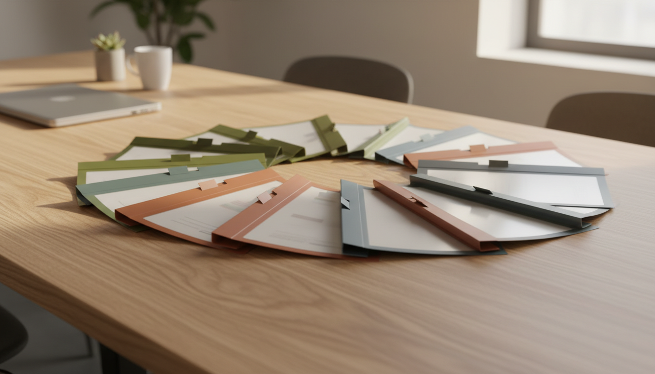 A set of neatly organized, translucent acetate teaching resource folders with color-coded tabs in muted earth tones, positioned on a contemporary oak meeting table with visible wood grain. Framed by minimalist office décor and a closed laptop in the blurred background, the scene is illuminated by soft, natural daylight from overhead skylights, which casts gentle highlights across the folder surfaces. The straight, eye-level shot with shallow depth of field draws focus to the structured materials, highlighting readiness and professionalism. The overall mood is calm, methodical, and supportive, matching the academic and resource-sharing qualities of the site with a clean, corporate photographic style.