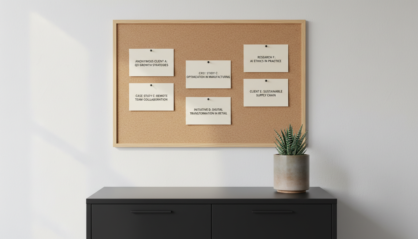 A minimalist cork bulletin board, featuring pinned neutral-toned index cards with clean, typed case study headlines, set against a soft white office wall. The board sits above a matte black filing cabinet, and a single ceramic planter with a green succulent adds organic contrast nearby. Soft, indirect natural light from a side window evenly illuminates the display, enhancing the crisp texture of the cards and subtle warmth of the cork. Shot straight-on for a balanced and orderly composition, the mood is confidential and meticulous, conveying the secure, structured environment of anonymous case study sharing. The photographic realism and professional styling make this image ideal for a business coaching blog.