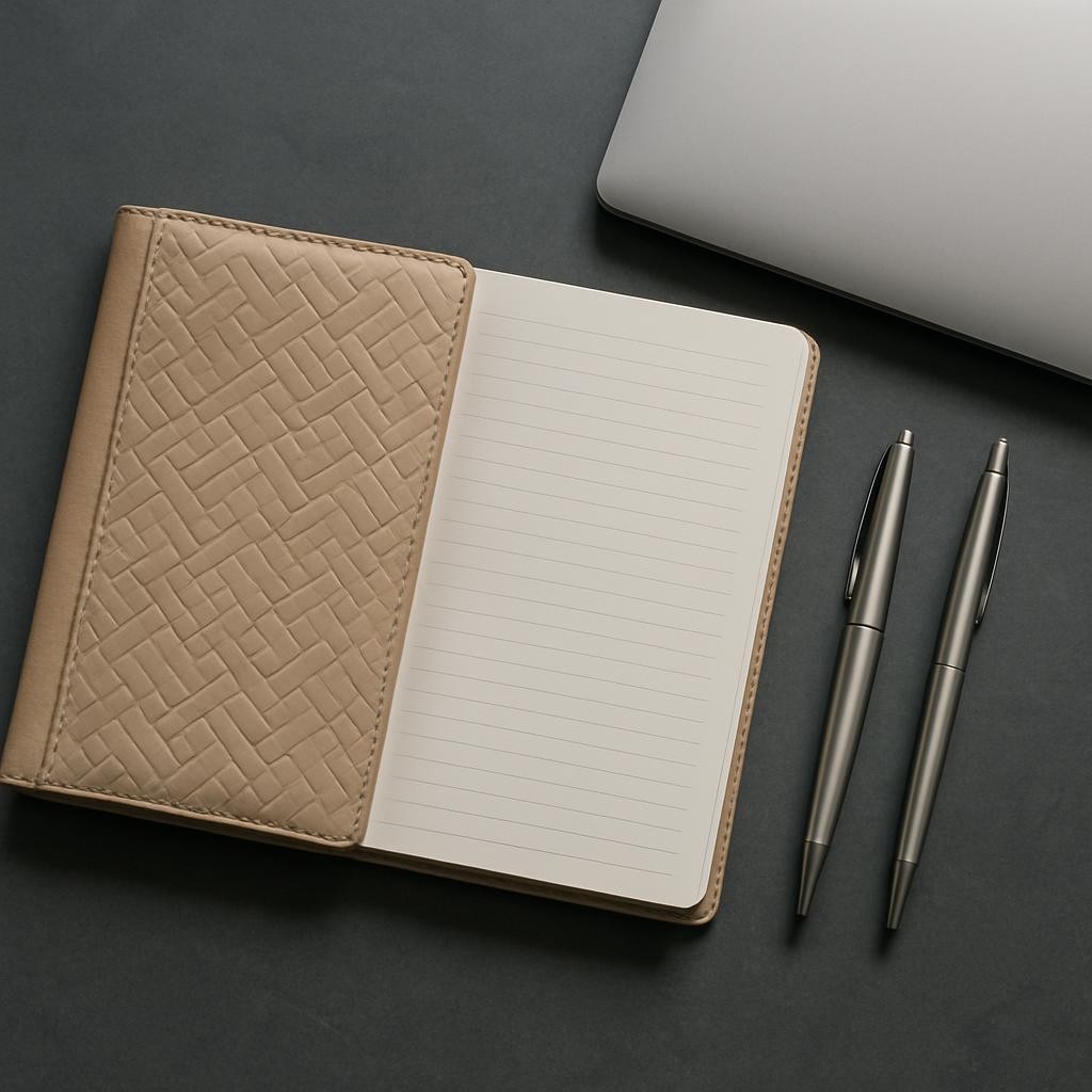 A high-quality notepad with a soft beige leather cover and embossed geometric pattern, lying open on a slate grey stone conference table. Around the notepad, a neatly arranged set of metallic pens and a closed laptop in brushed aluminum finish create a sense of preparedness. Cool, diffused overhead lighting produces subtle, even shadows without harsh highlights, ensuring every detail appears clean and professional. The composition is captured from a slightly elevated, top-down perspective with rule-of-thirds balance, promoting structure and clarity. The mood is focused and organized, presenting a photographic, modern style that reflects the disciplined, integrative approach of the site’s coaching services.
